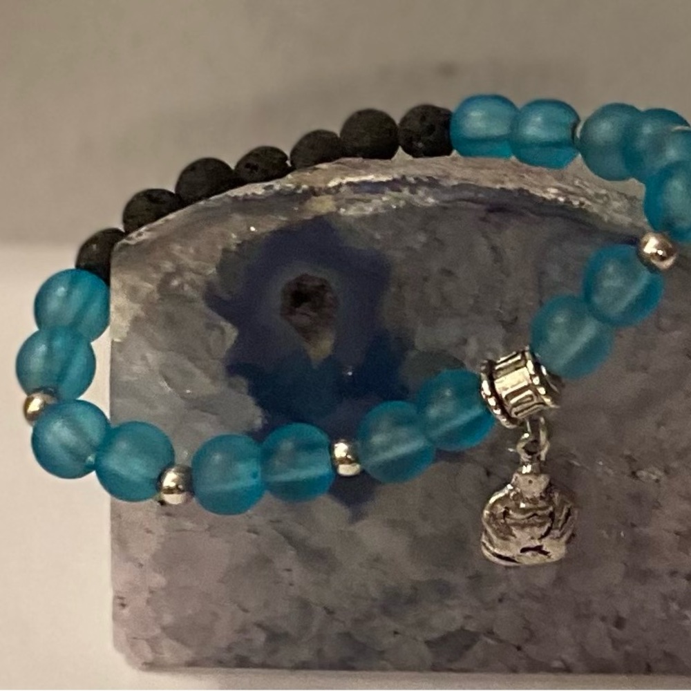 NEW Teal Glass & Lava bead bracelet with Buddha charm
